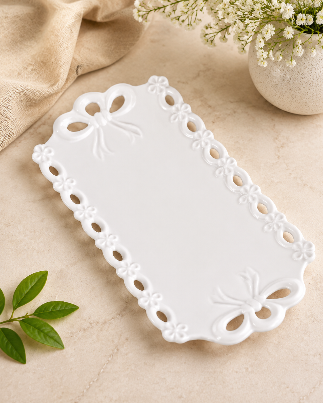 DD-184 Elegant White Floral Bow Ceramic Serving Platter