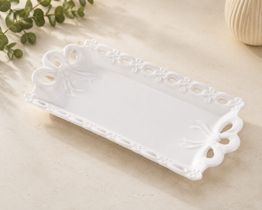 DD-185 Elegant White Bow & Floral Ceramic Serving Platter
