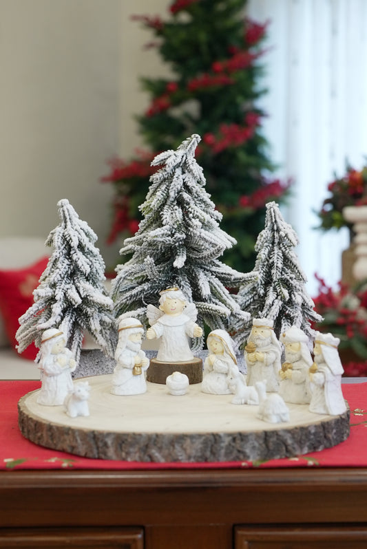 Miniature Ceramic Christmas Crib Set with Snow-Covered Pine Tree Forest – Combo 3