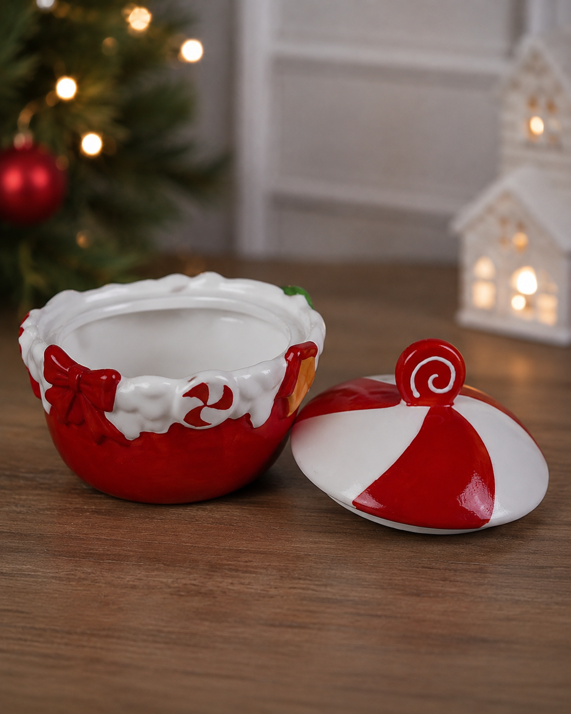 THD1031 Festive Candy Cane Ceramic Container