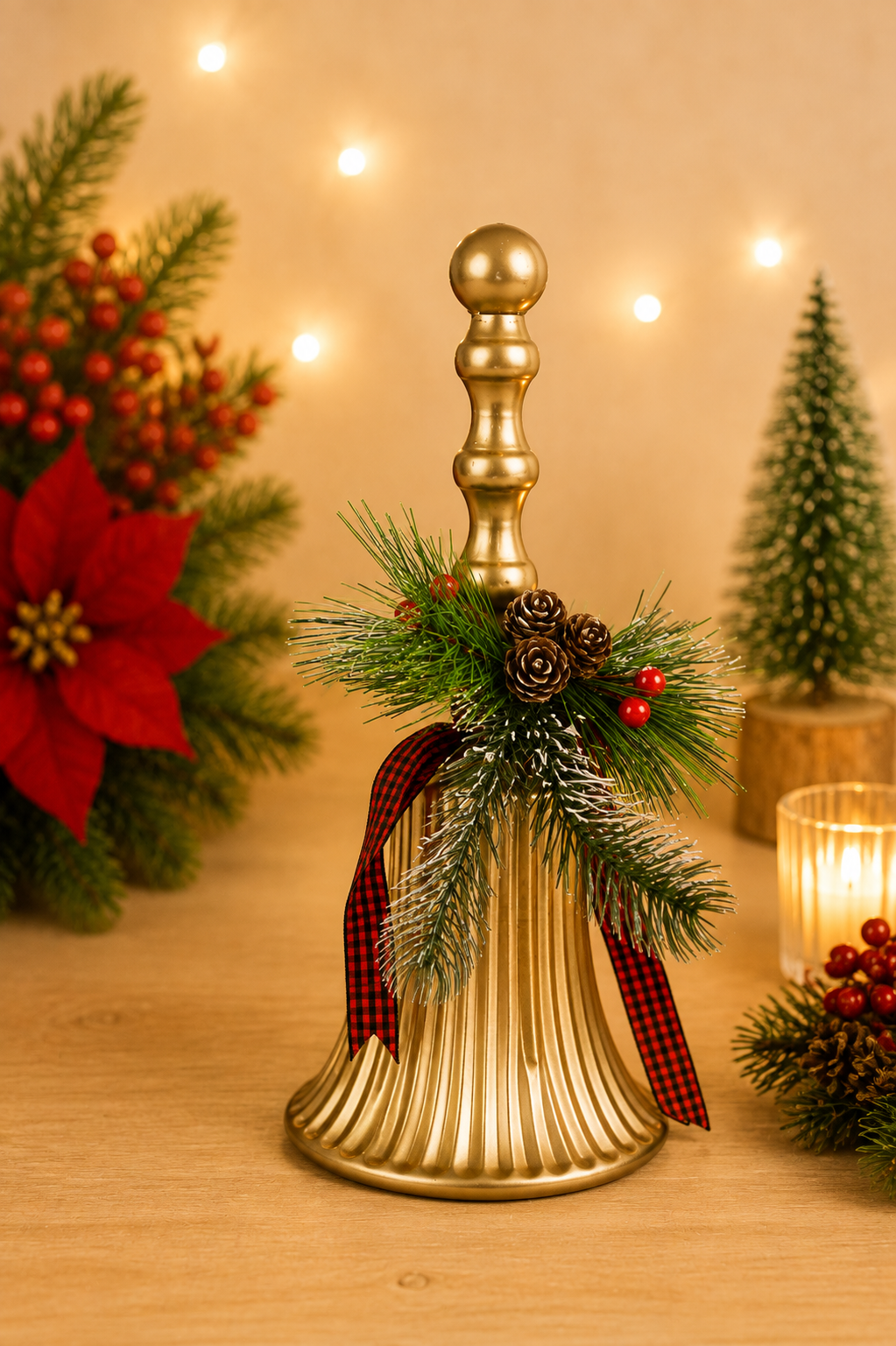 THD919  Festive Golden Metal Bell with Pine & Berries
