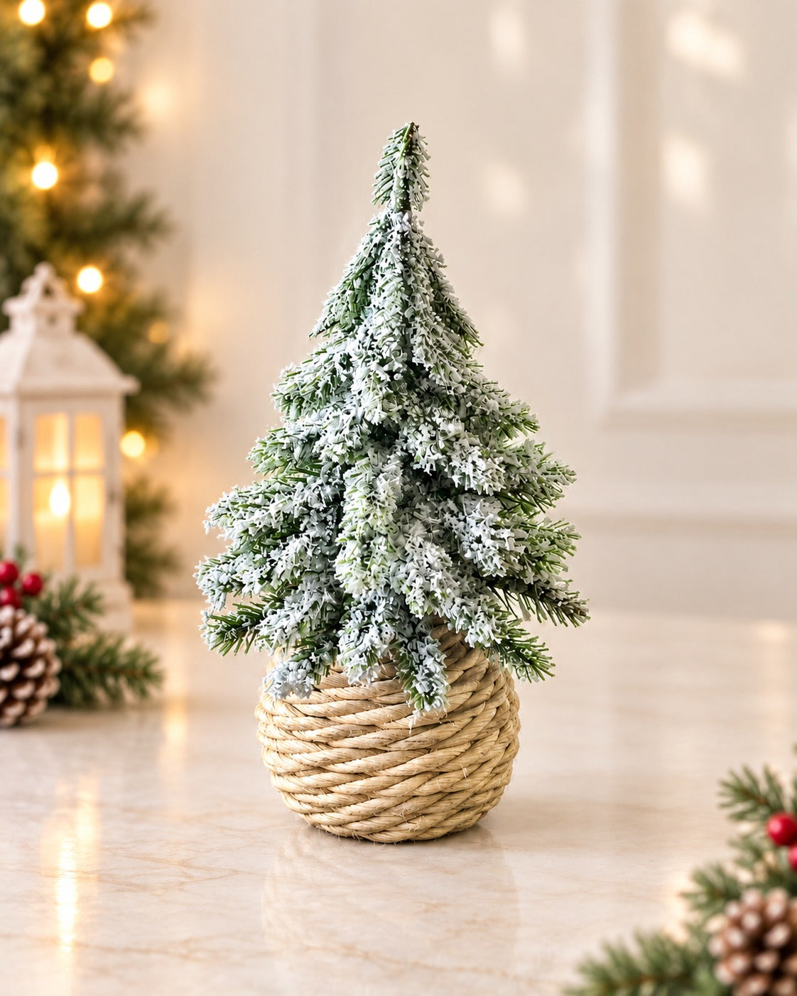 THD746 Frosted Christmas Tree Table Top Decoration with Woven Base
