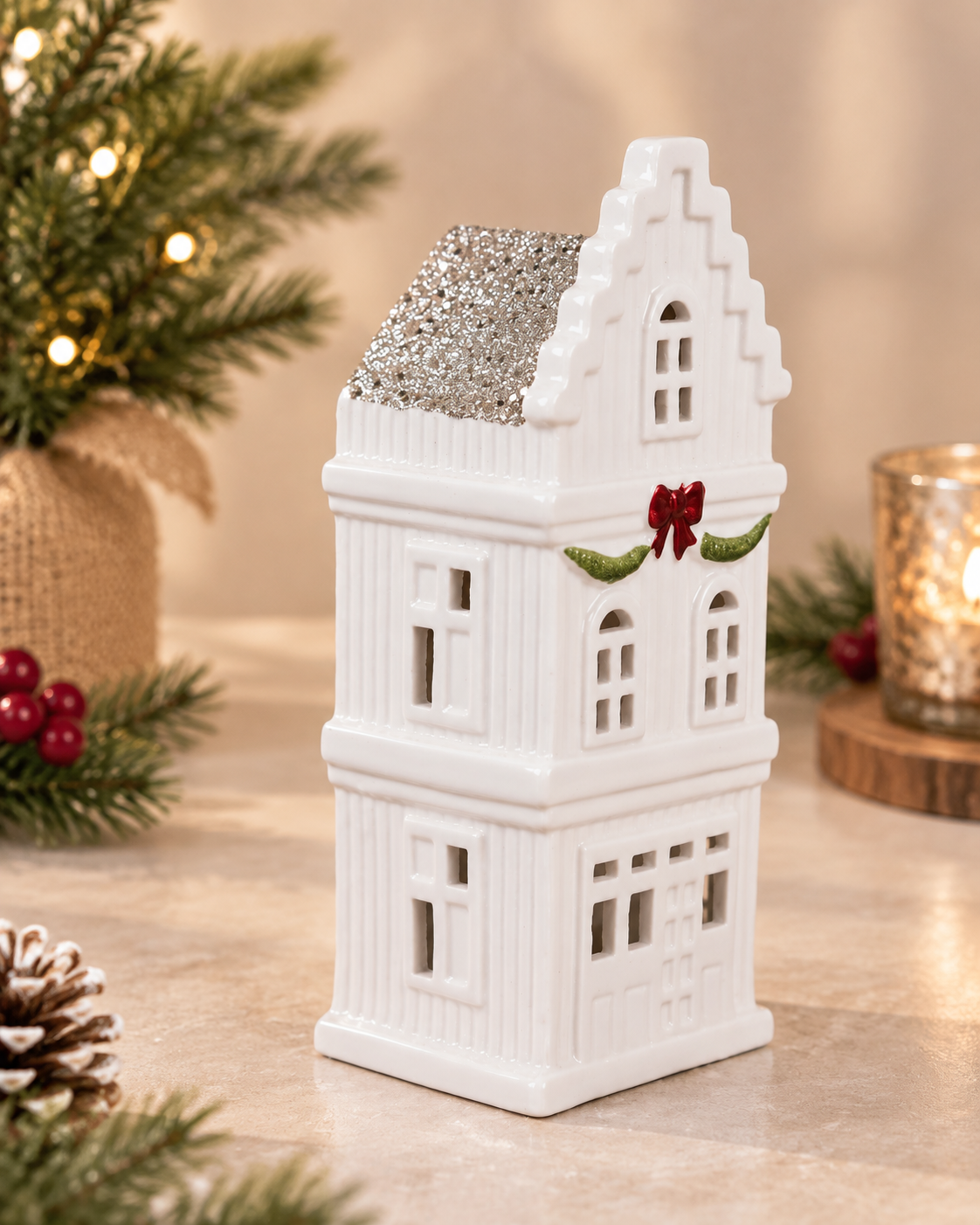 THD764 White Christmas Village House Table Top Decoration with Festive Bow Detail
