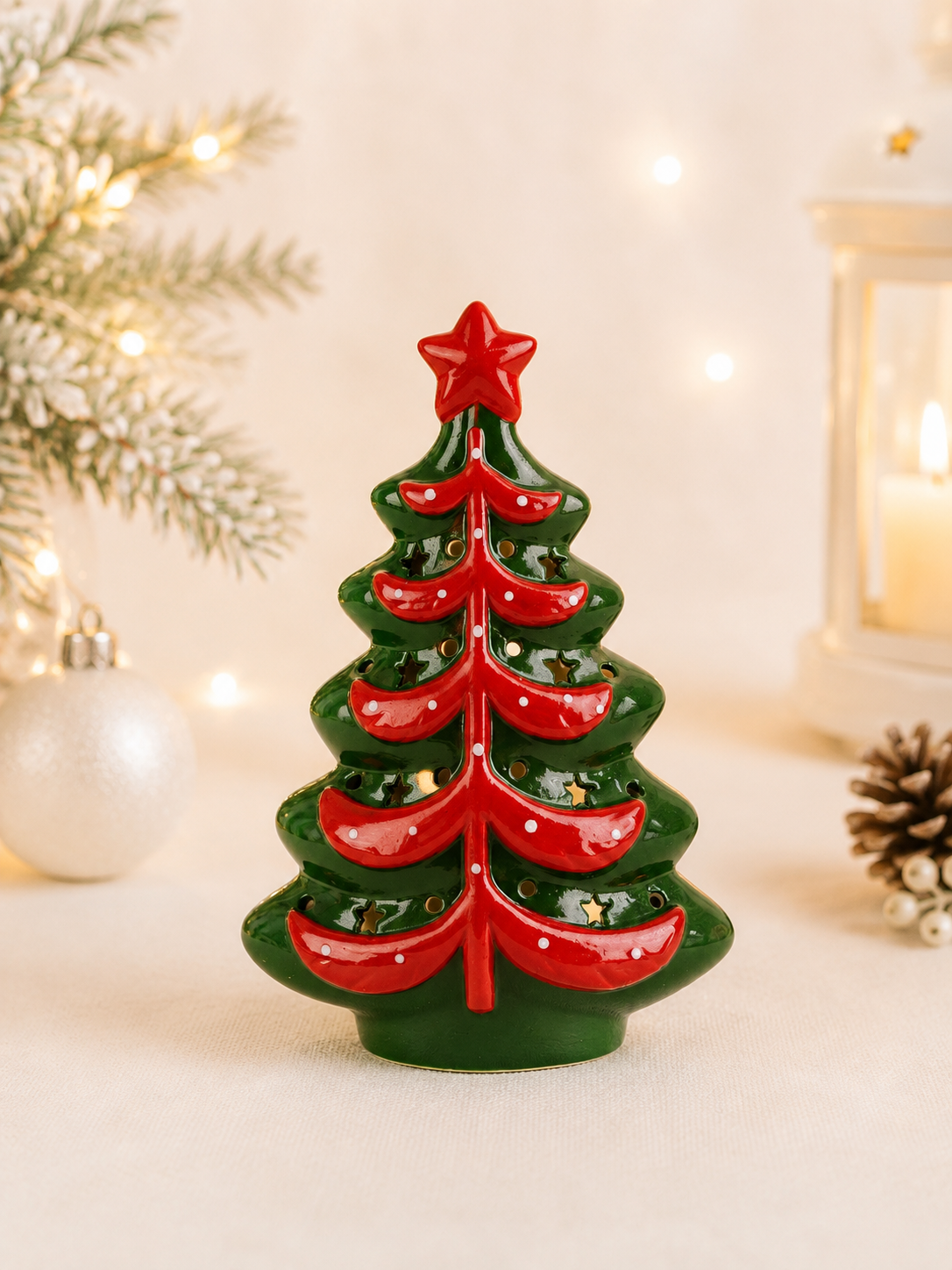 THD825 Light-Up Ceramic Christmas Tree with Red Bows & Star Cutouts