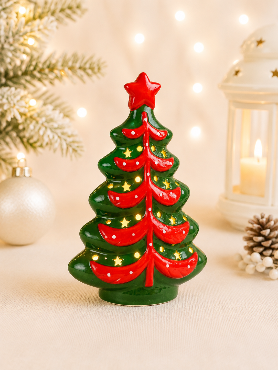 THD825 Light-Up Ceramic Christmas Tree with Red Bows & Star Cutouts
