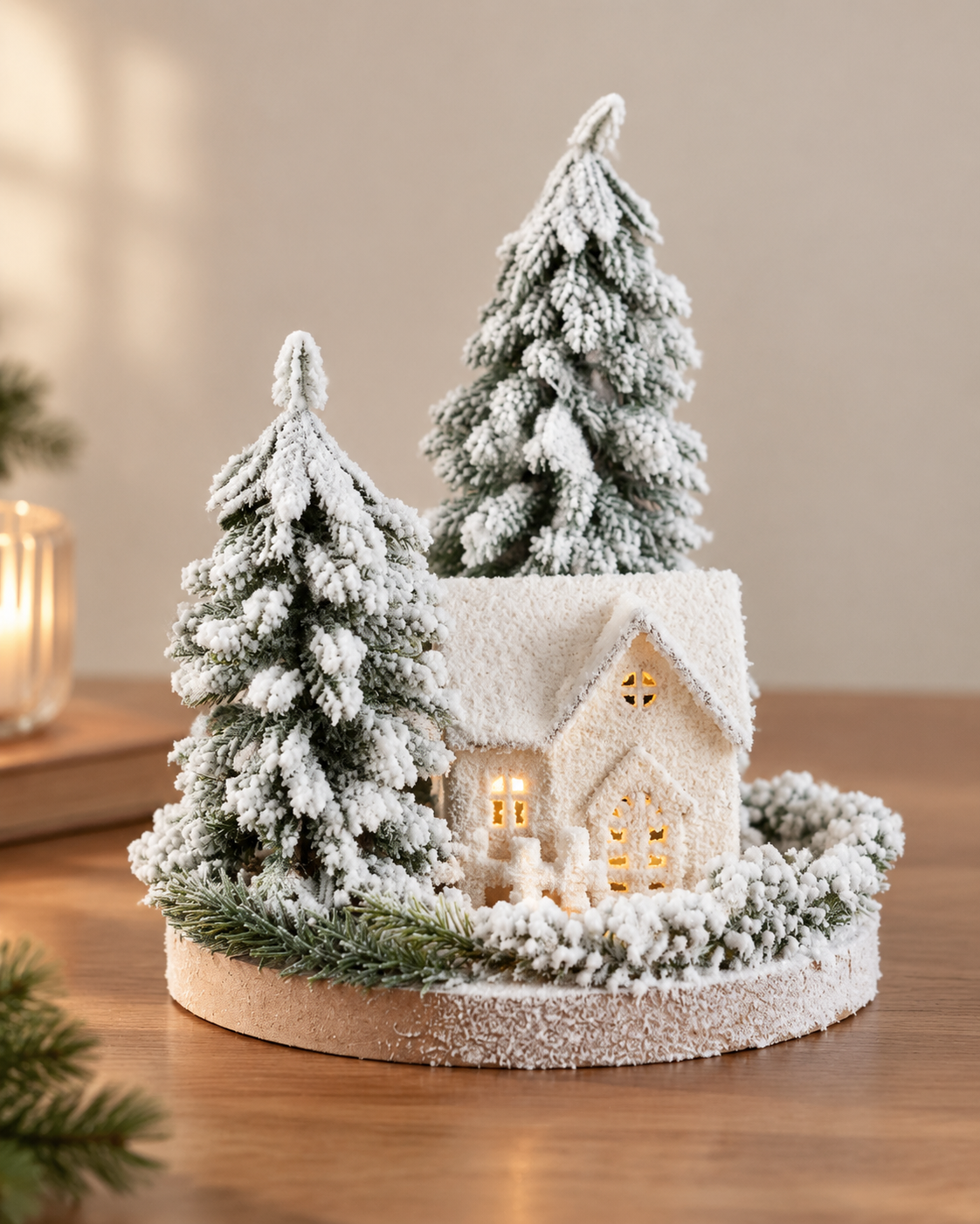 THD749 Lighted Snowy Christmas Village Table Top Decoration with Two Pine Trees