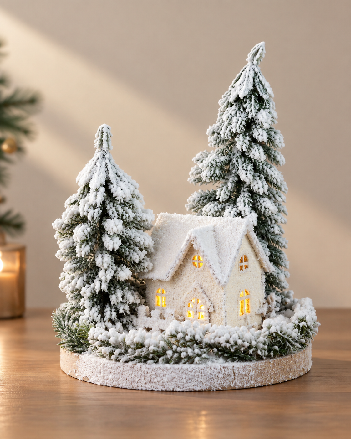 THD749 Lighted Snowy Christmas Village Table Top Decoration with Two Pine Trees