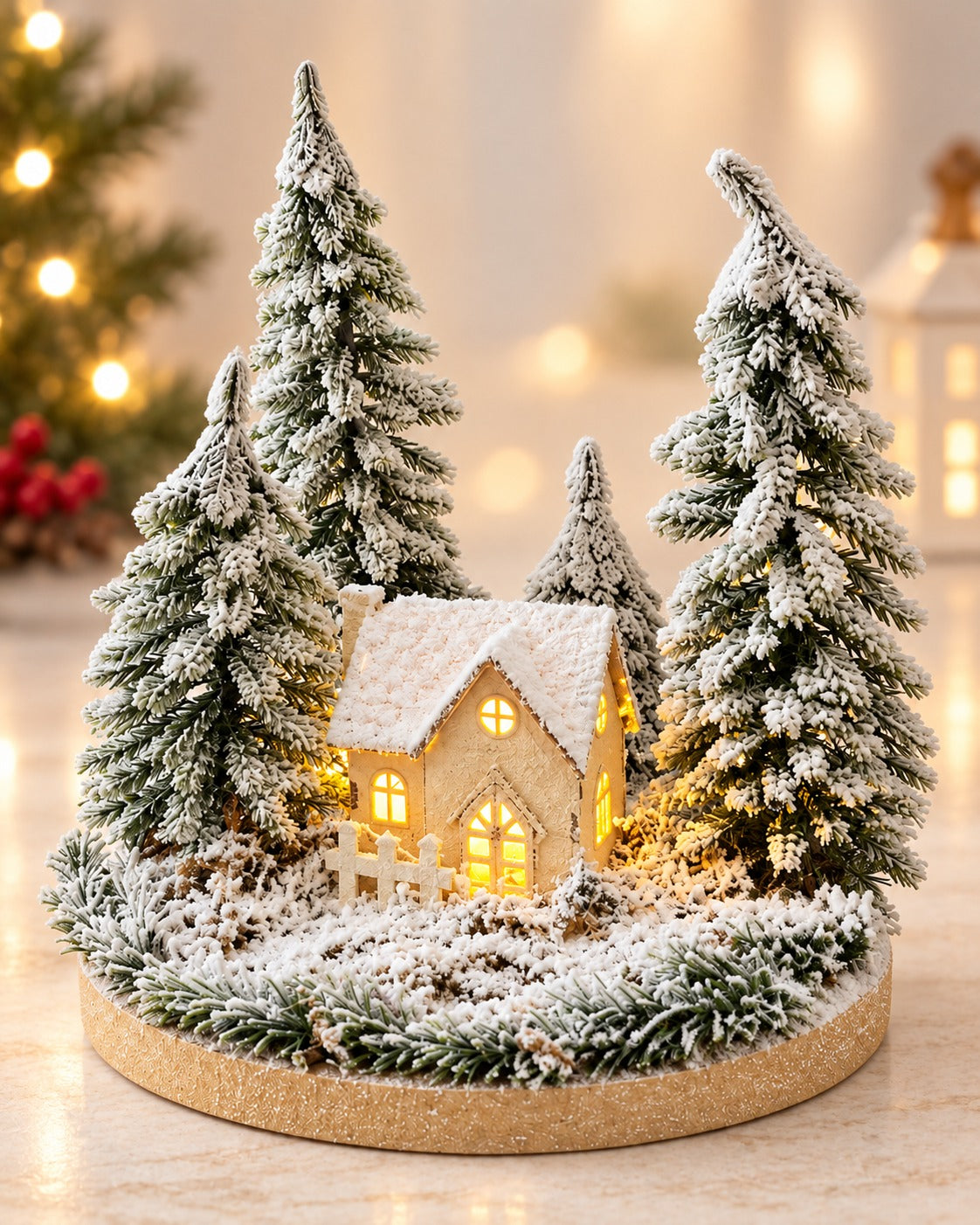 THD750 Lighted Snowy Christmas Village Table Top Decoration with Pine Trees