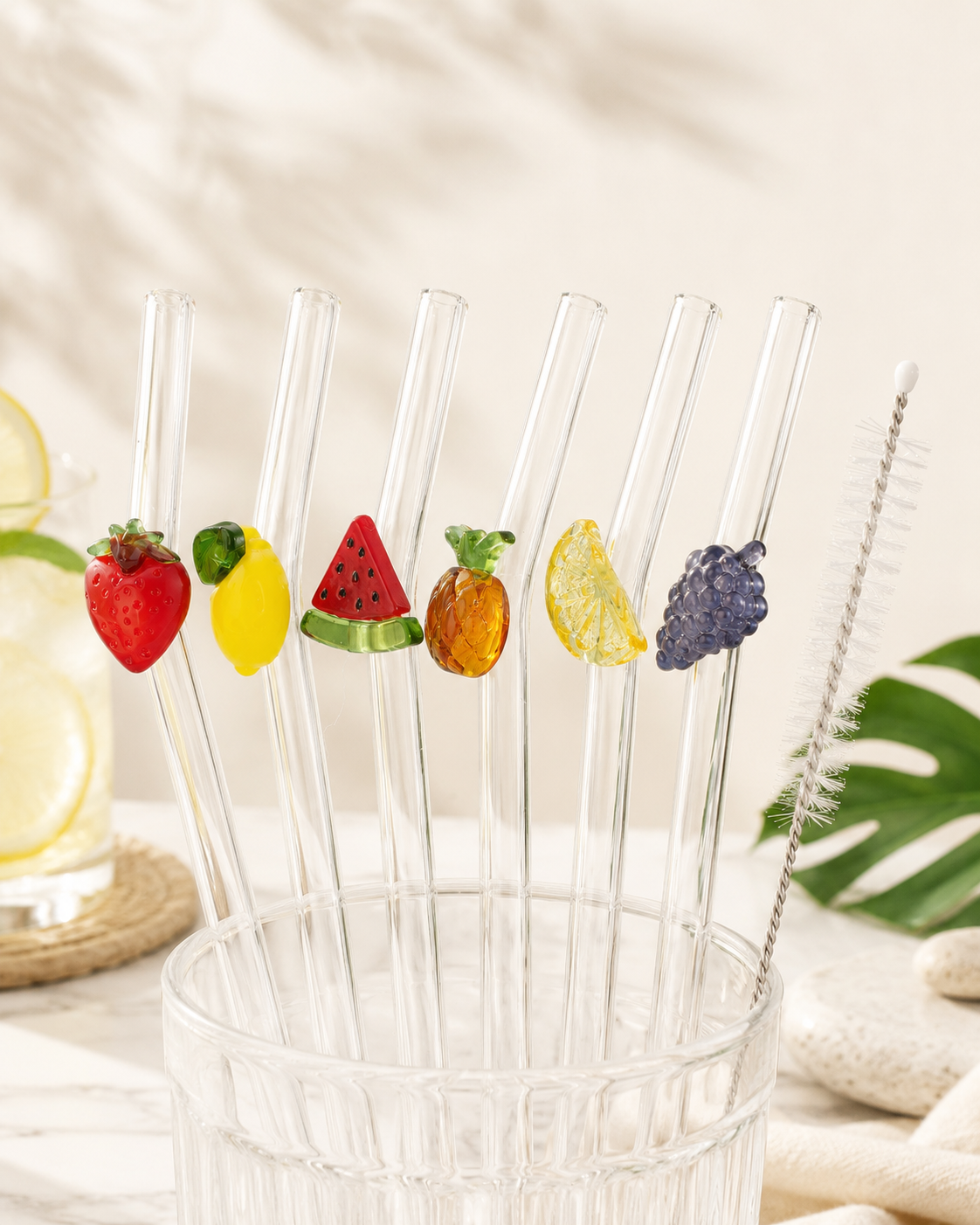 TT-241 Reusable Glass Straw Set with Fruit Charms