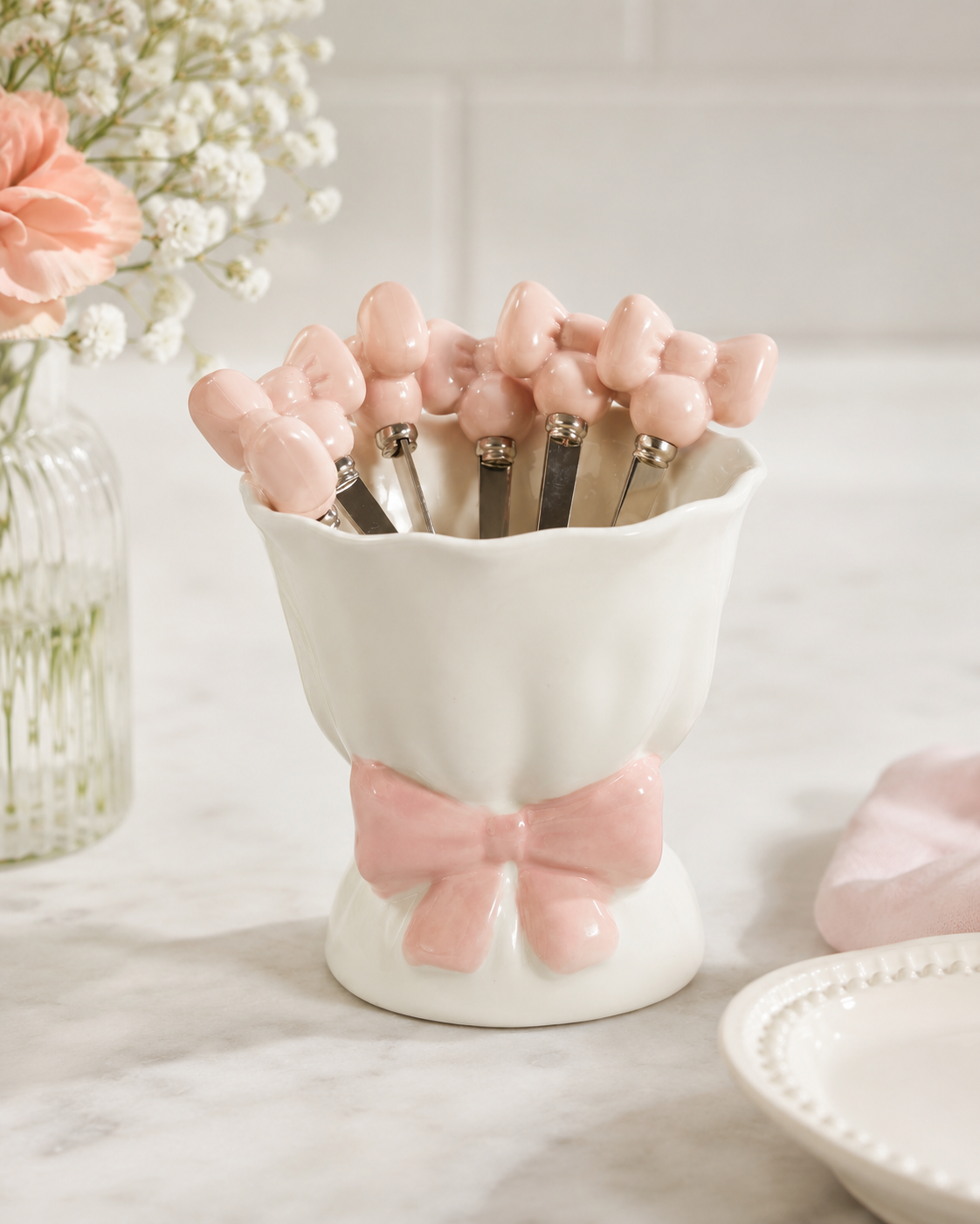 TT-232 Ceramic Fruit Fork Holder Set with 6 Stainless Steel Forks