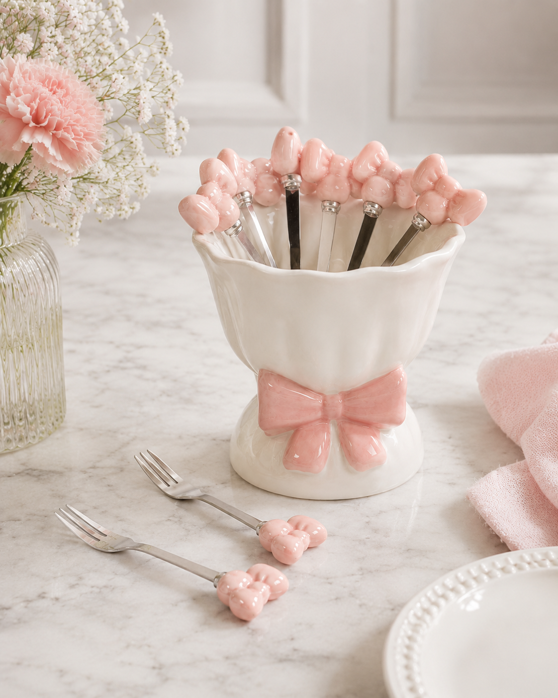 TT-232 Ceramic Fruit Fork Holder Set with 6 Stainless Steel Forks