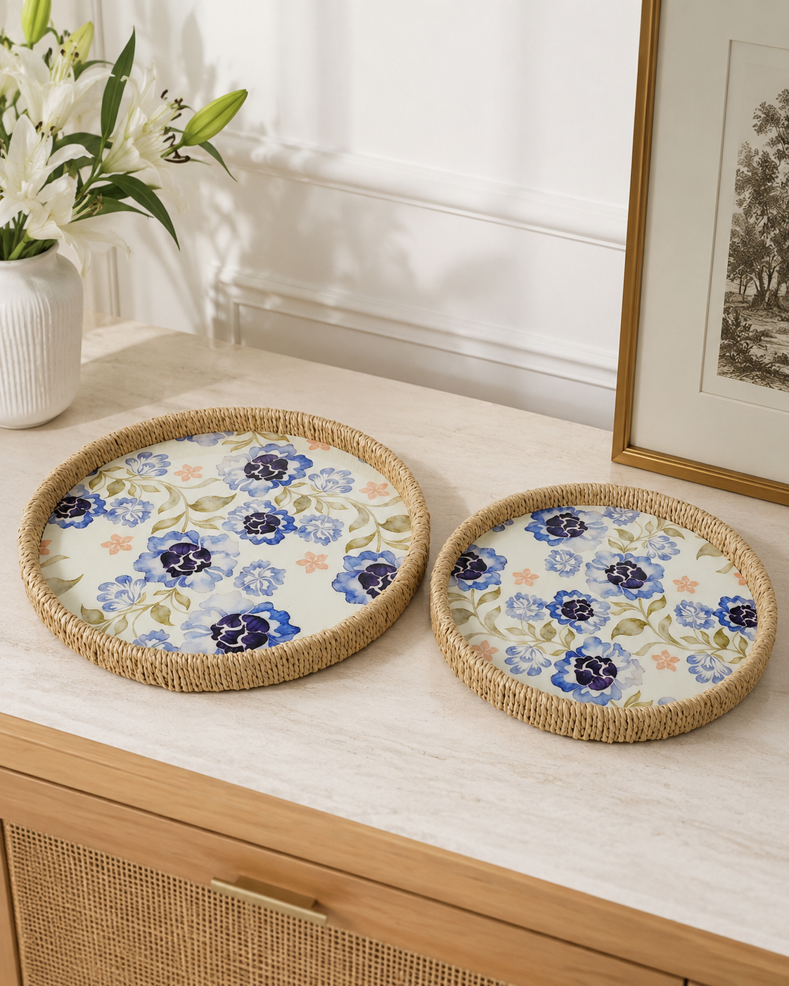 TT-142 Round Floral Decorative Serving Tray Set