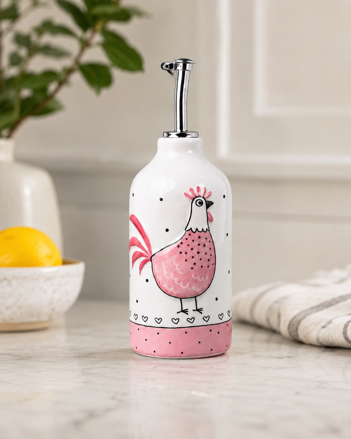 TT-219 Ceramic Oil Dispenser Bottle with Pink Hen Design