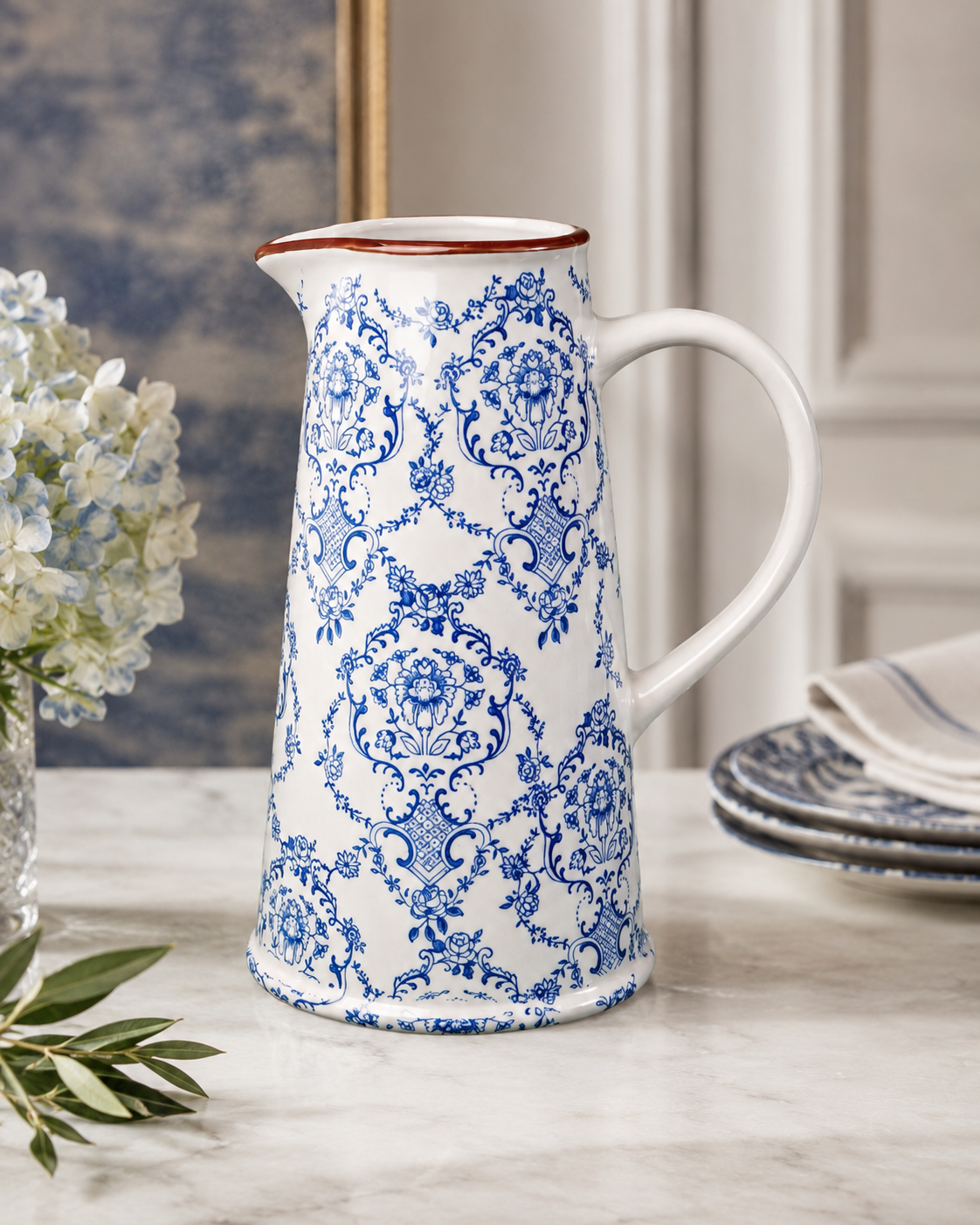 TT-285 Ceramic Water Pitcher with Blue & White Vintage Floral Design