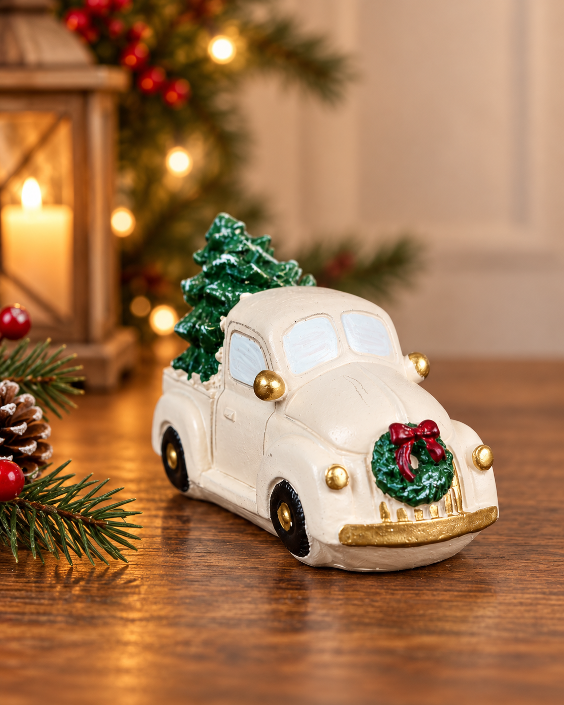THD938 Vintage White Christmas Pickup Truck with Tree