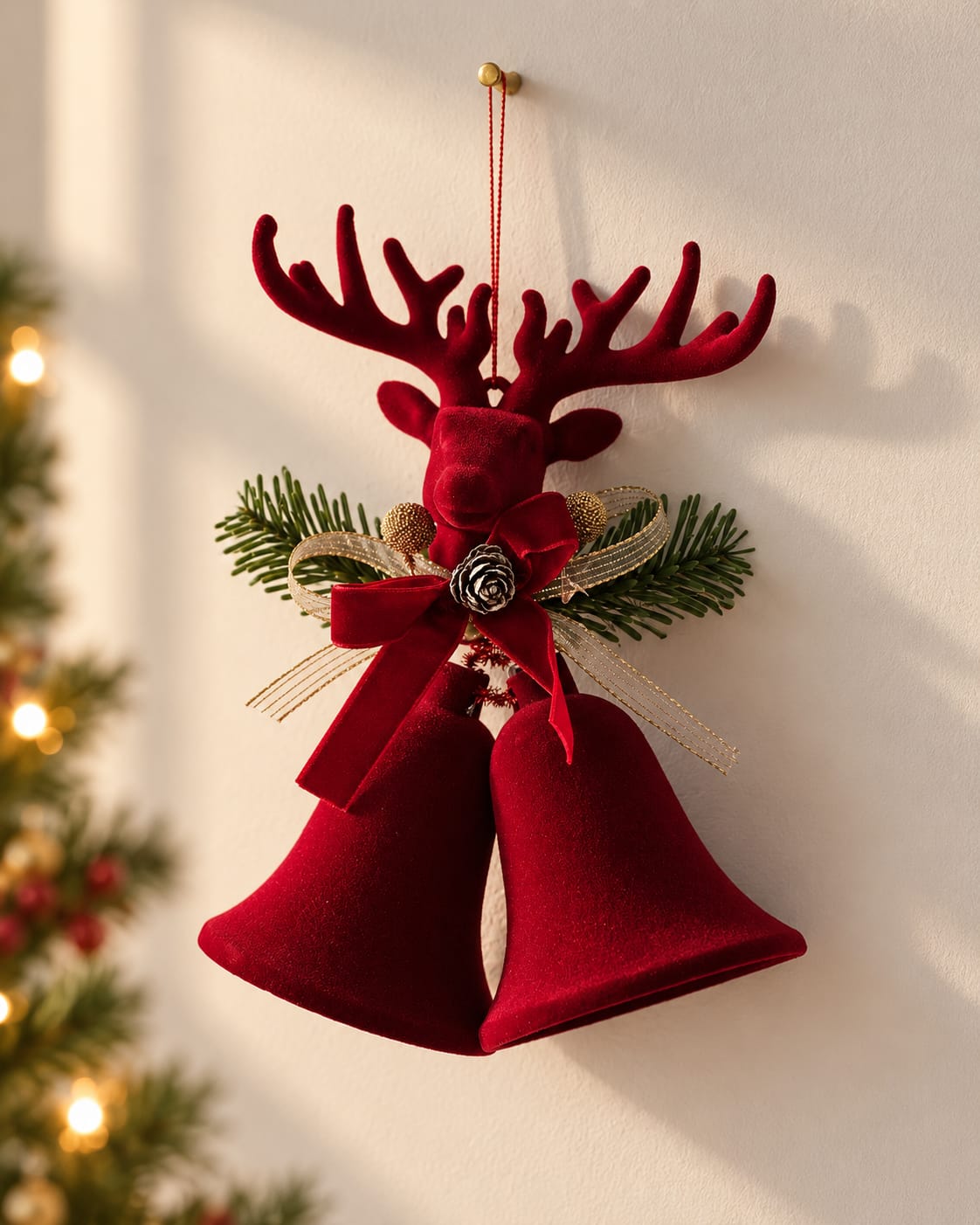 THD642 Red Reindeer Christmas Bell Hanging Ornament with Pine Greenery & Bow