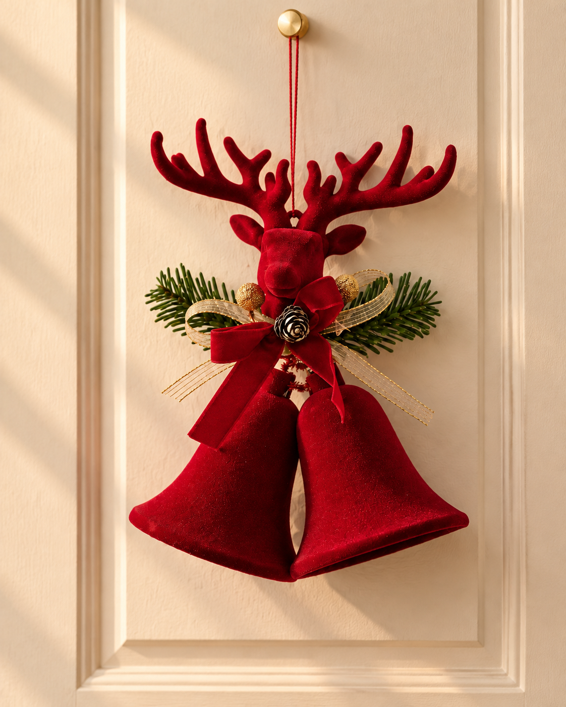 THD642 Red Reindeer Christmas Bell Hanging Ornament with Pine Greenery & Bow
