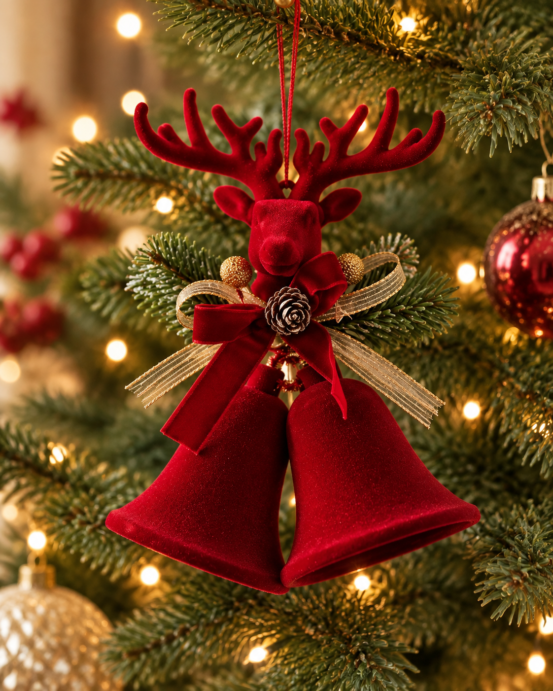 THD642 Red Reindeer Christmas Bell Hanging Ornament with Pine Greenery & Bow