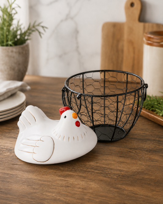 TT-41 Rustic White Hen Ceramic Egg & Storage Basket