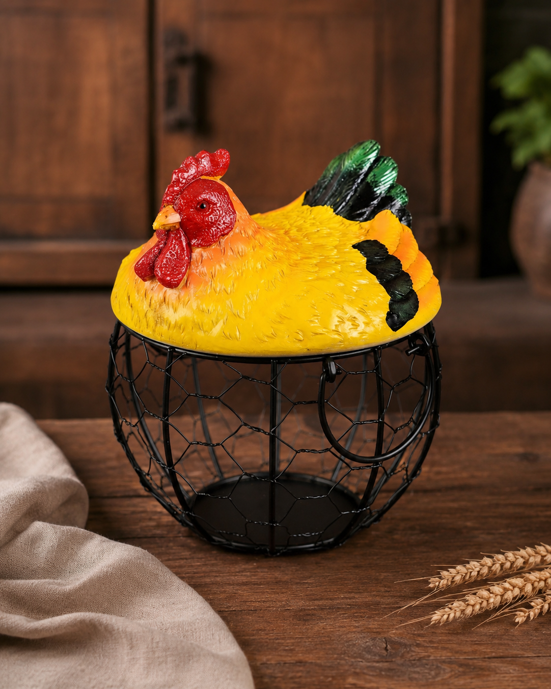 TT-39 Rustic Yellow Hen Ceramic Egg & Storage Basket