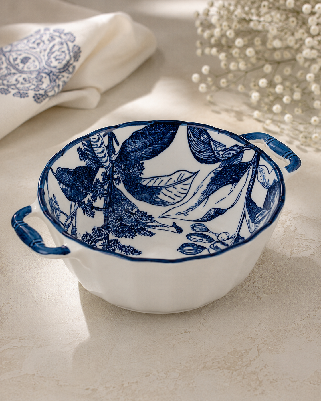 DD-168 Azure Botanical Ceramic Serving Bowl
