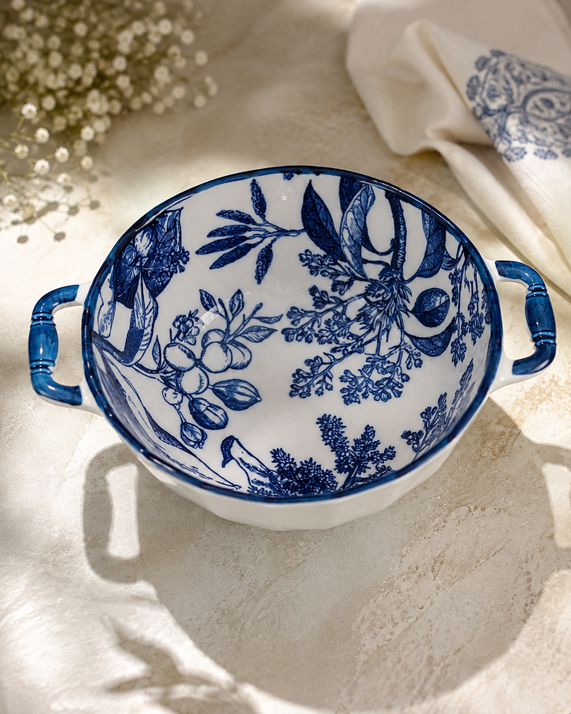 DD-168 Azure Botanical Ceramic Serving Bowl
