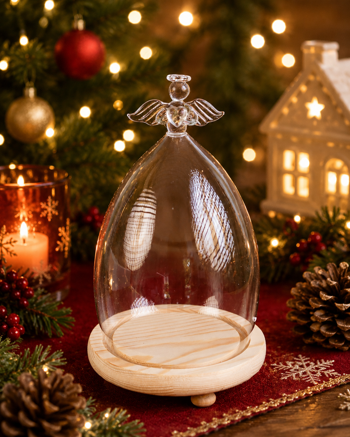 THD1000 Glass Angel Cloche with Wooden Base – Christmas Tabletop Décor