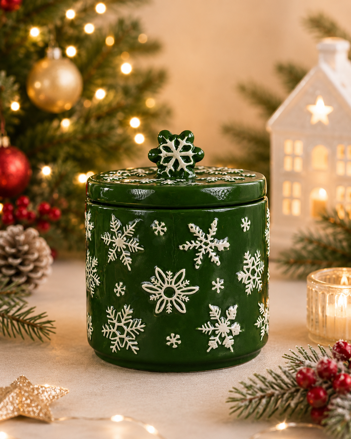 THD1008 Green Snowflake Ceramic Canister