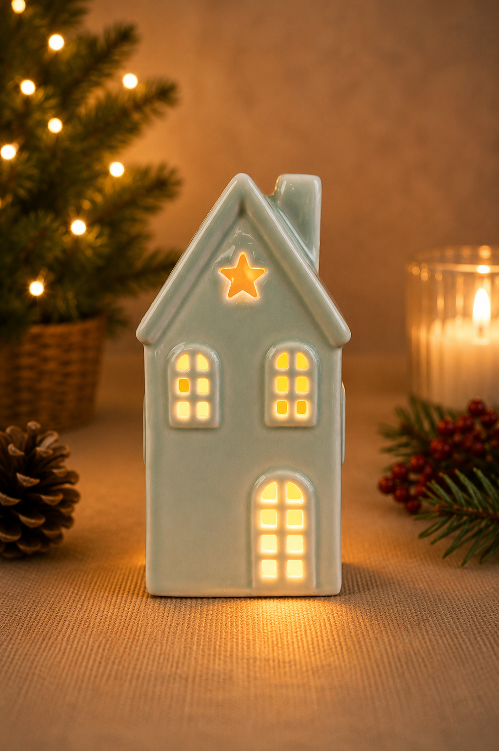 THD1018 Glossy Ceramic House T-Light Holder