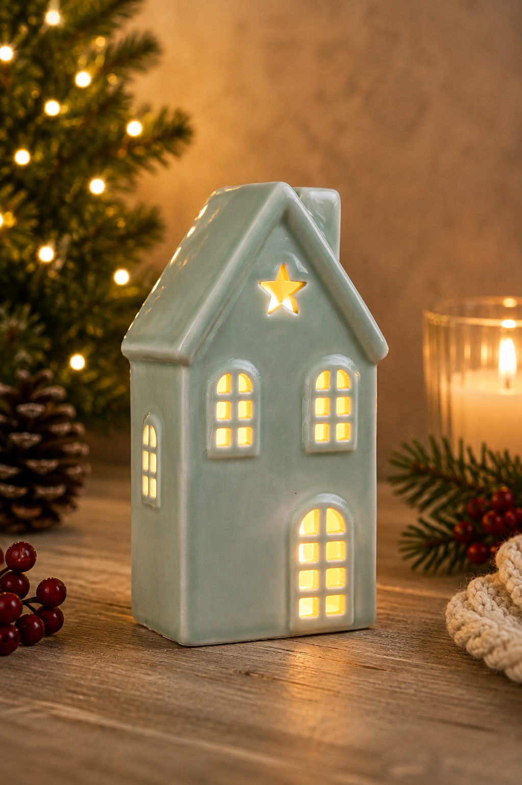 THD1018 Glossy Ceramic House T-Light Holder