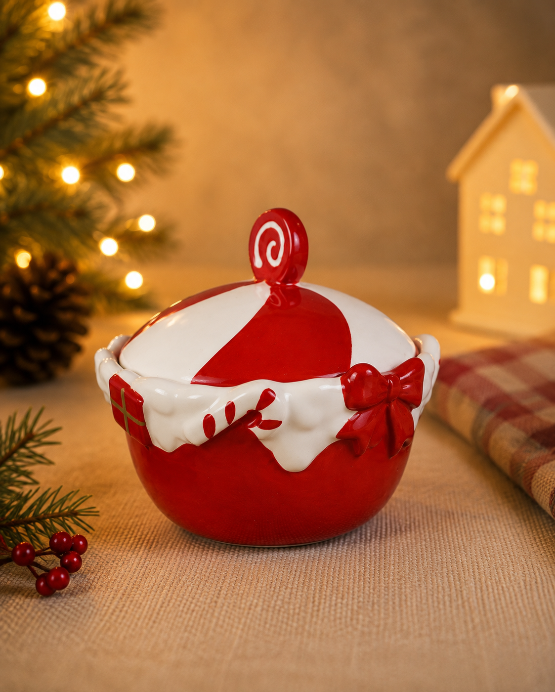 THD1031 Festive Candy Cane Ceramic Container