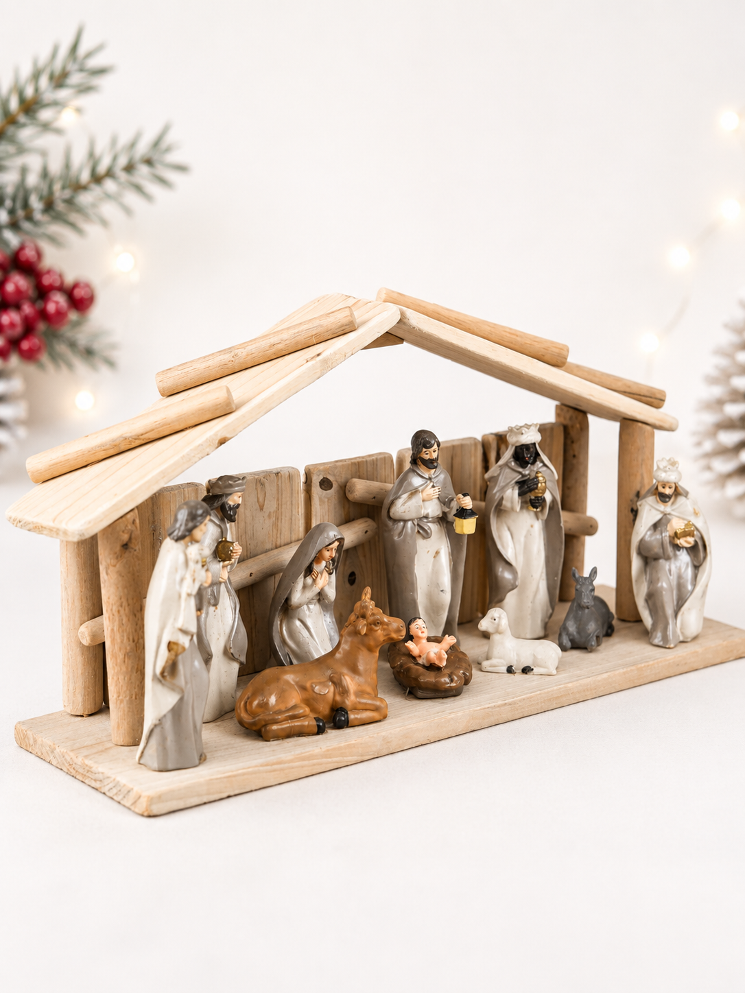 THD1062 Ceramic Nativity Crib Set with Wooden Base