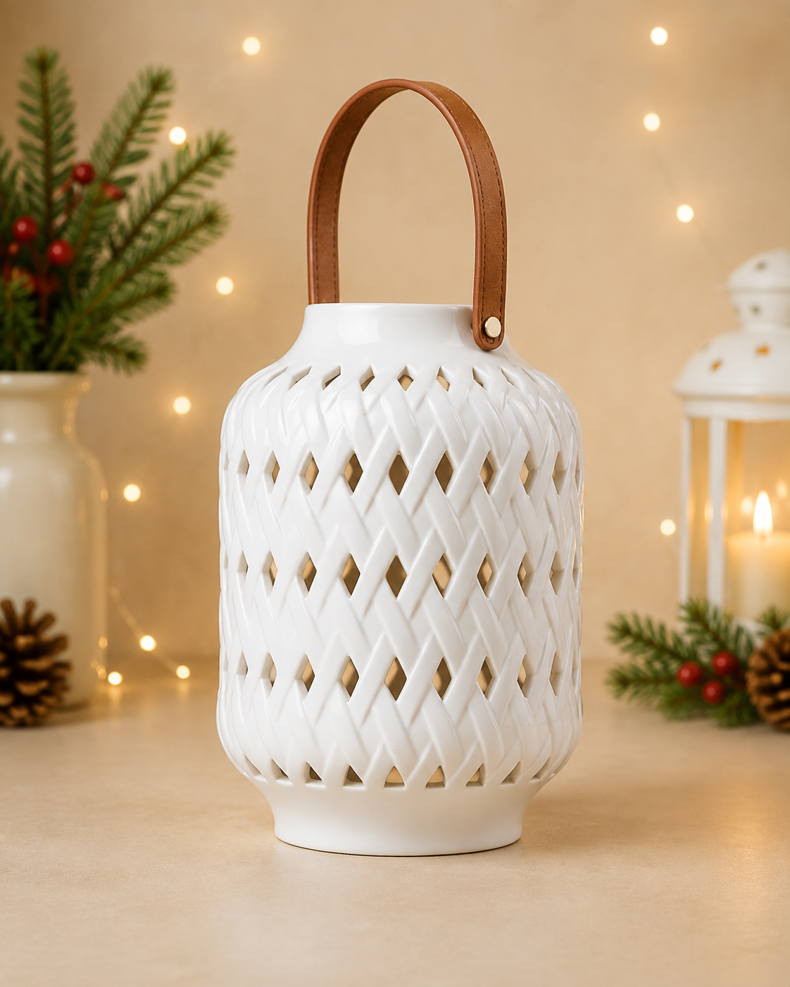THD451 Decorative Ceramic Lantern with Leather Handle