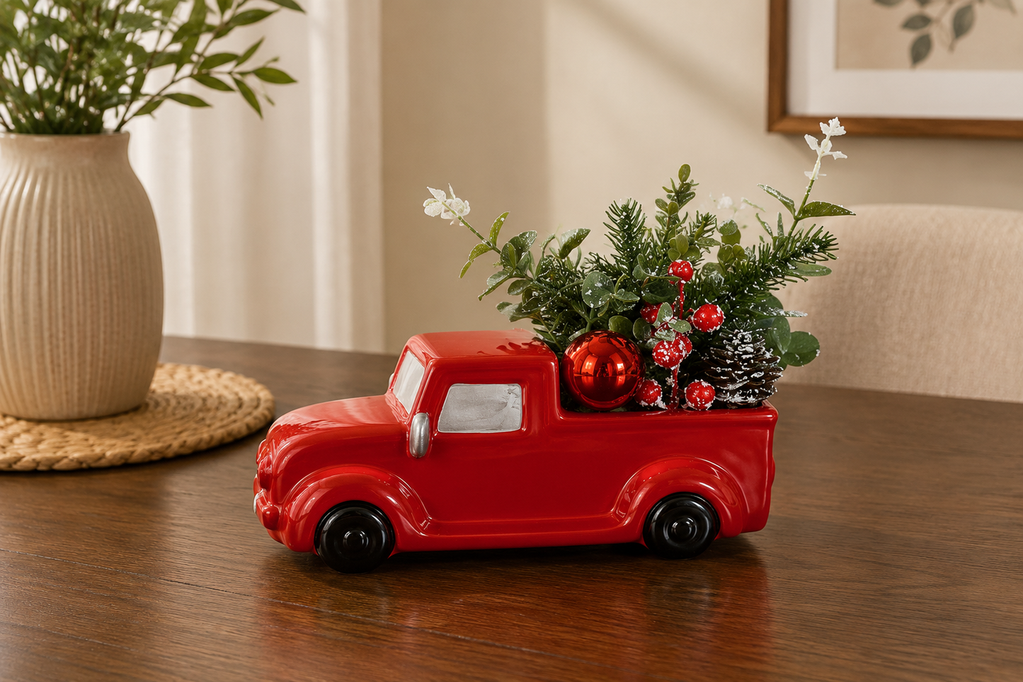 THD502 Festive Red Christmas Truck Planter Décor
