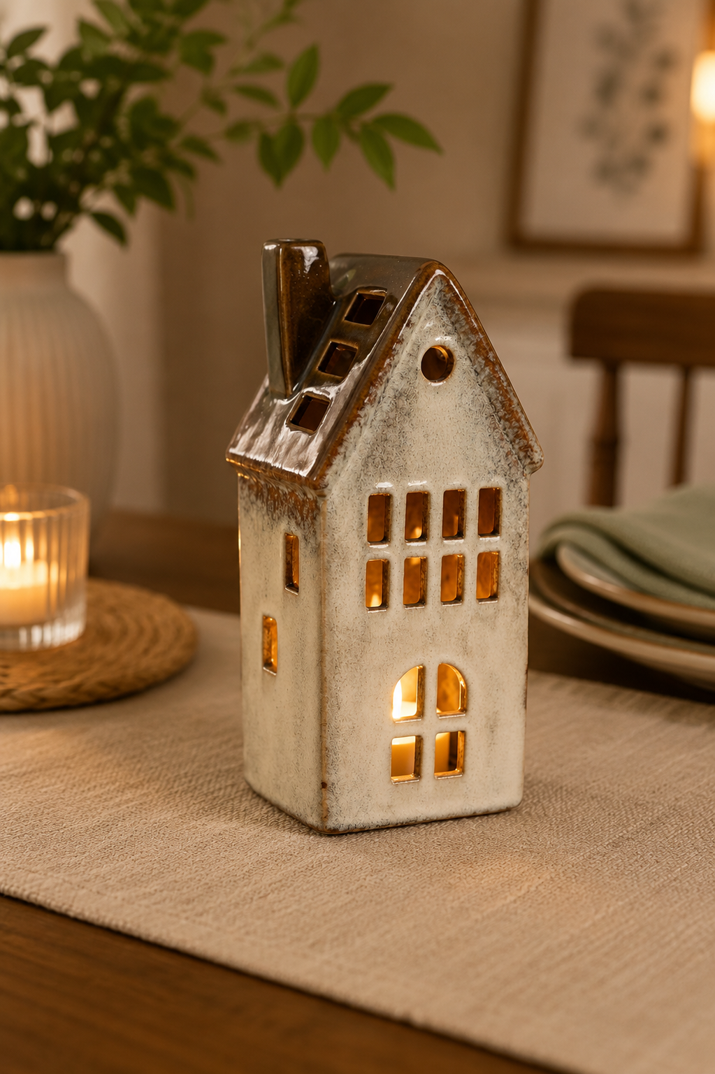 THD509 Ceramic Glossy House Tea Light Holder