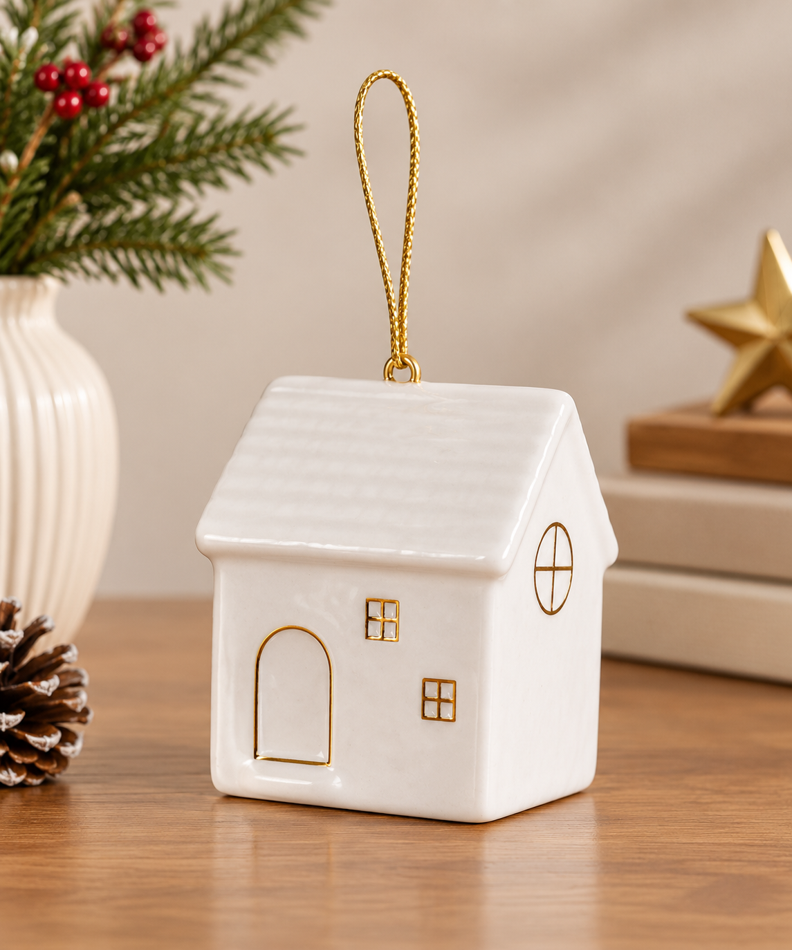 THD517 Set of 4 Ceramic Christmas House Ornaments  or Tabletop Décor