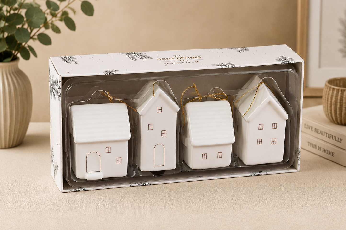 THD517 Set of 4 Ceramic Christmas House Ornaments  or Tabletop Décor