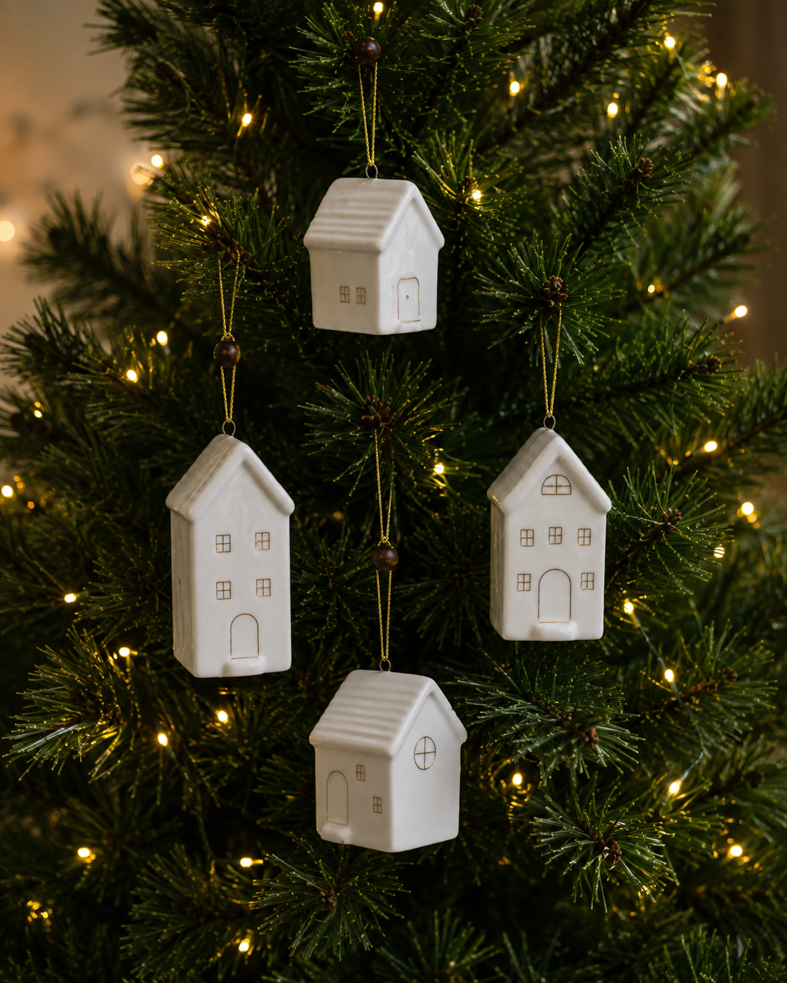 THD517 Set of 4 Ceramic Christmas House Ornaments  or Tabletop Décor