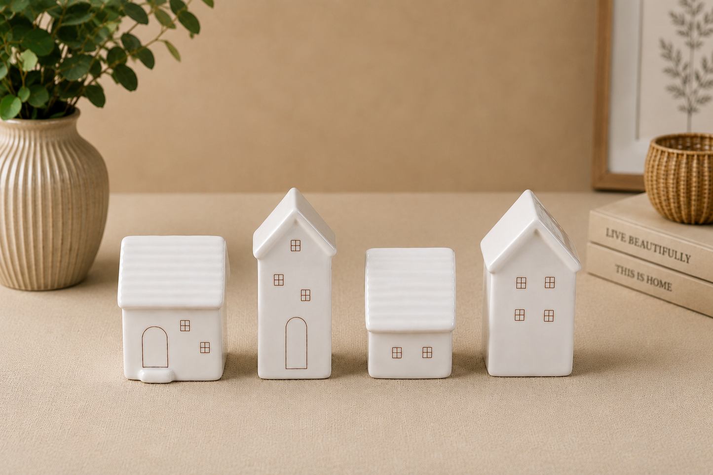 THD517 Set of 4 Ceramic Christmas House Ornaments  or Tabletop Décor