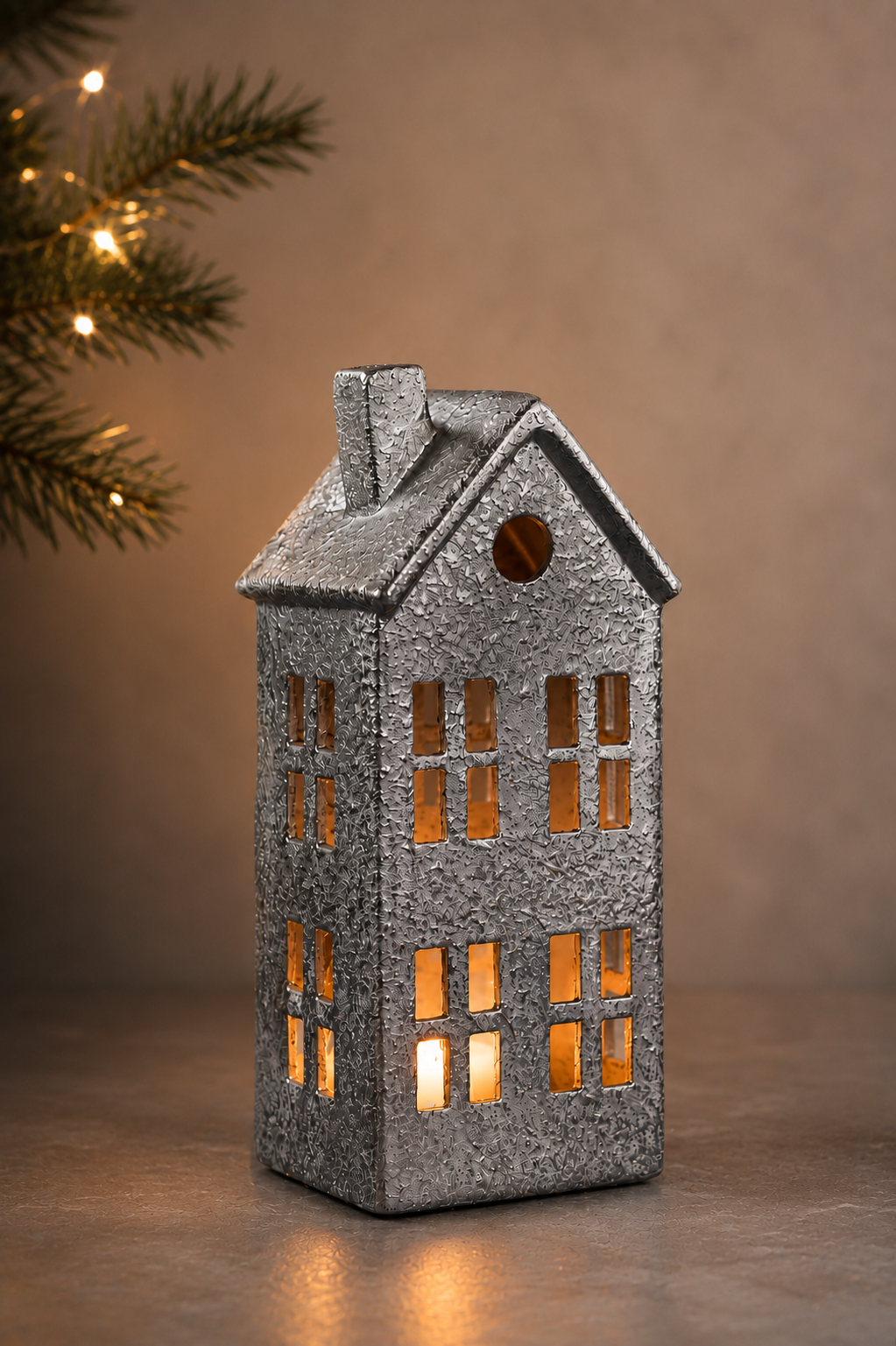 THD518 Silver Textured Ceramic Christmas House with Light