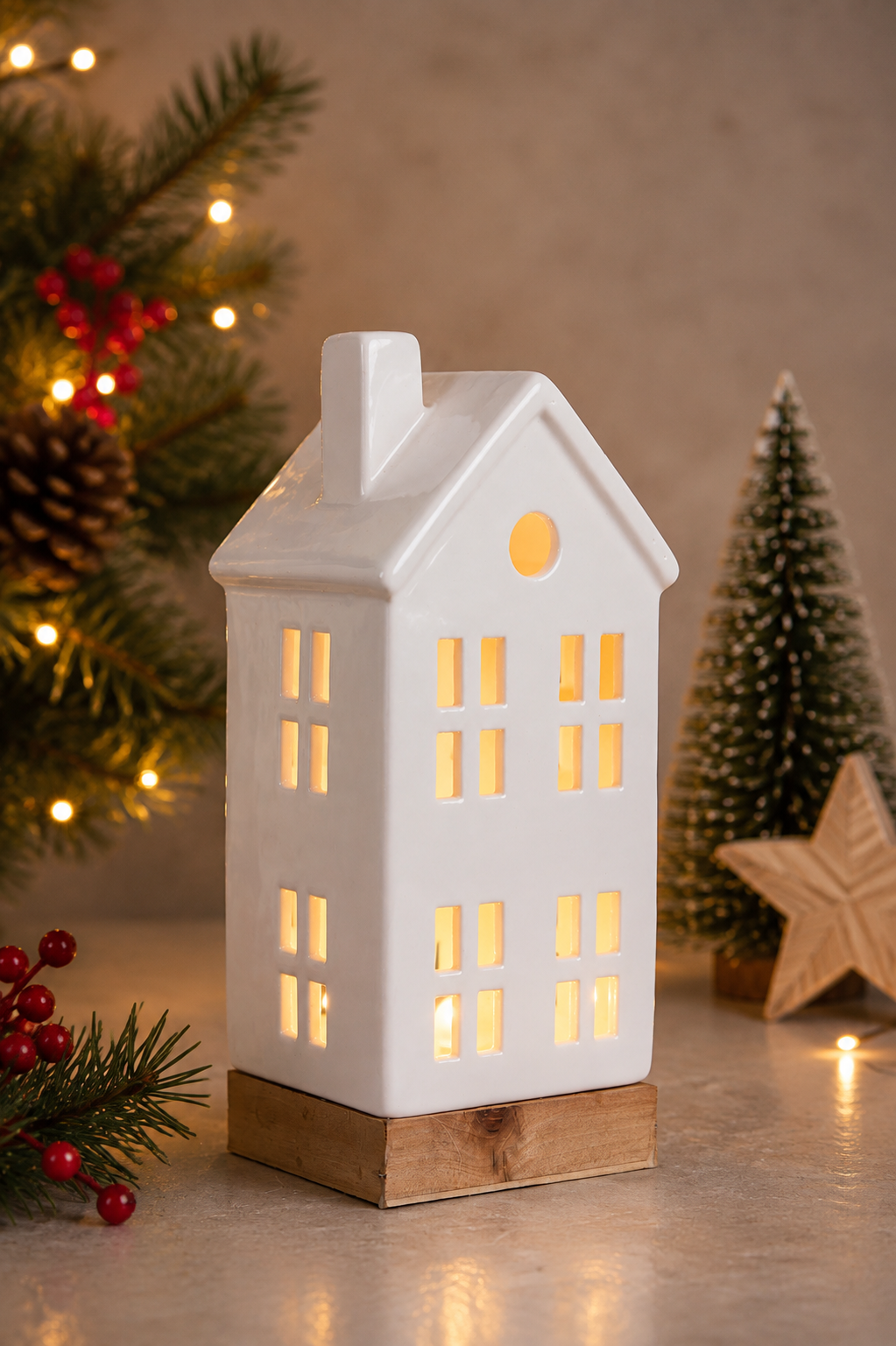 THD518 White Ceramic Christmas House Décor with Built-In Light