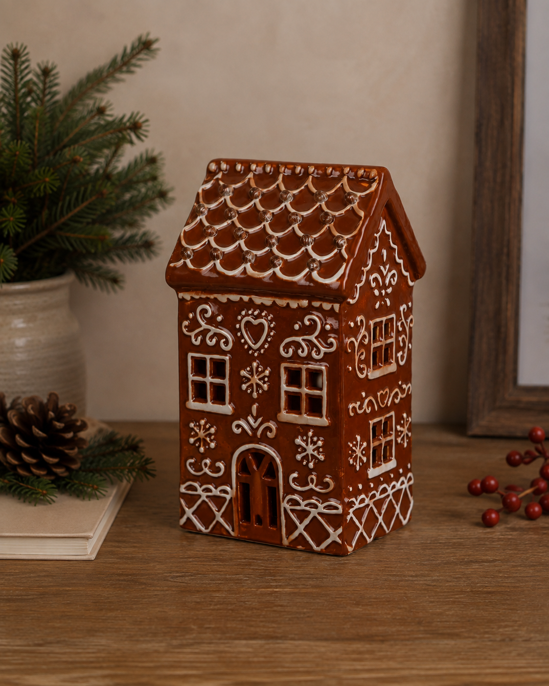 THD519 Gingerbread House Ceramic Christmas Décor with Light