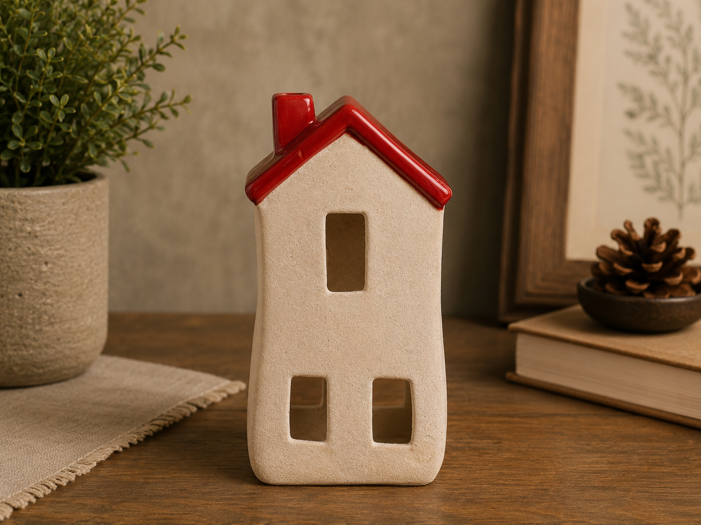 THD521 Red & Cream Ceramic Christmas House Lantern with Light