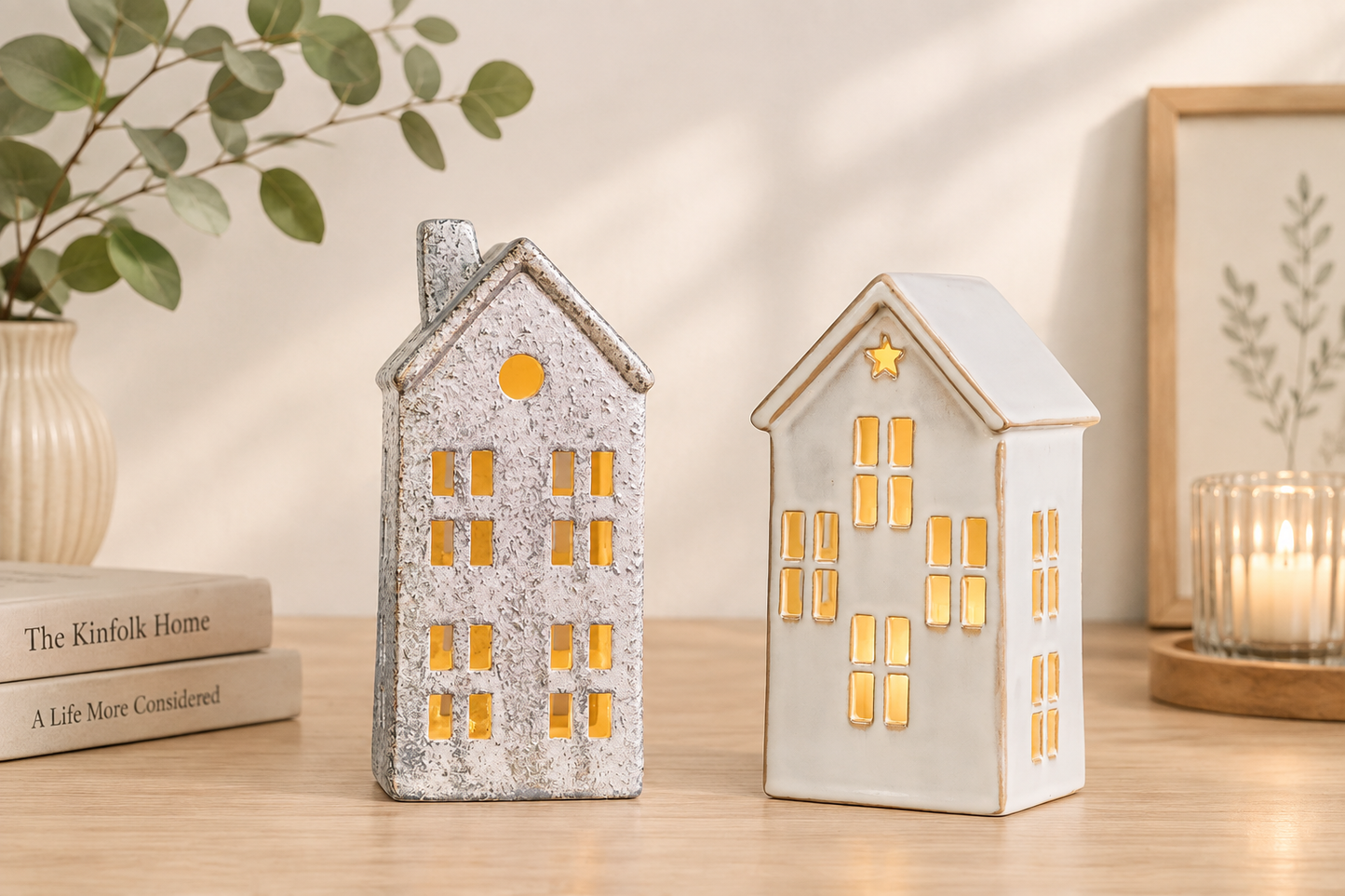 THD525 Ceramic Christmas House Lanterns with Light – Silver & Glossy White