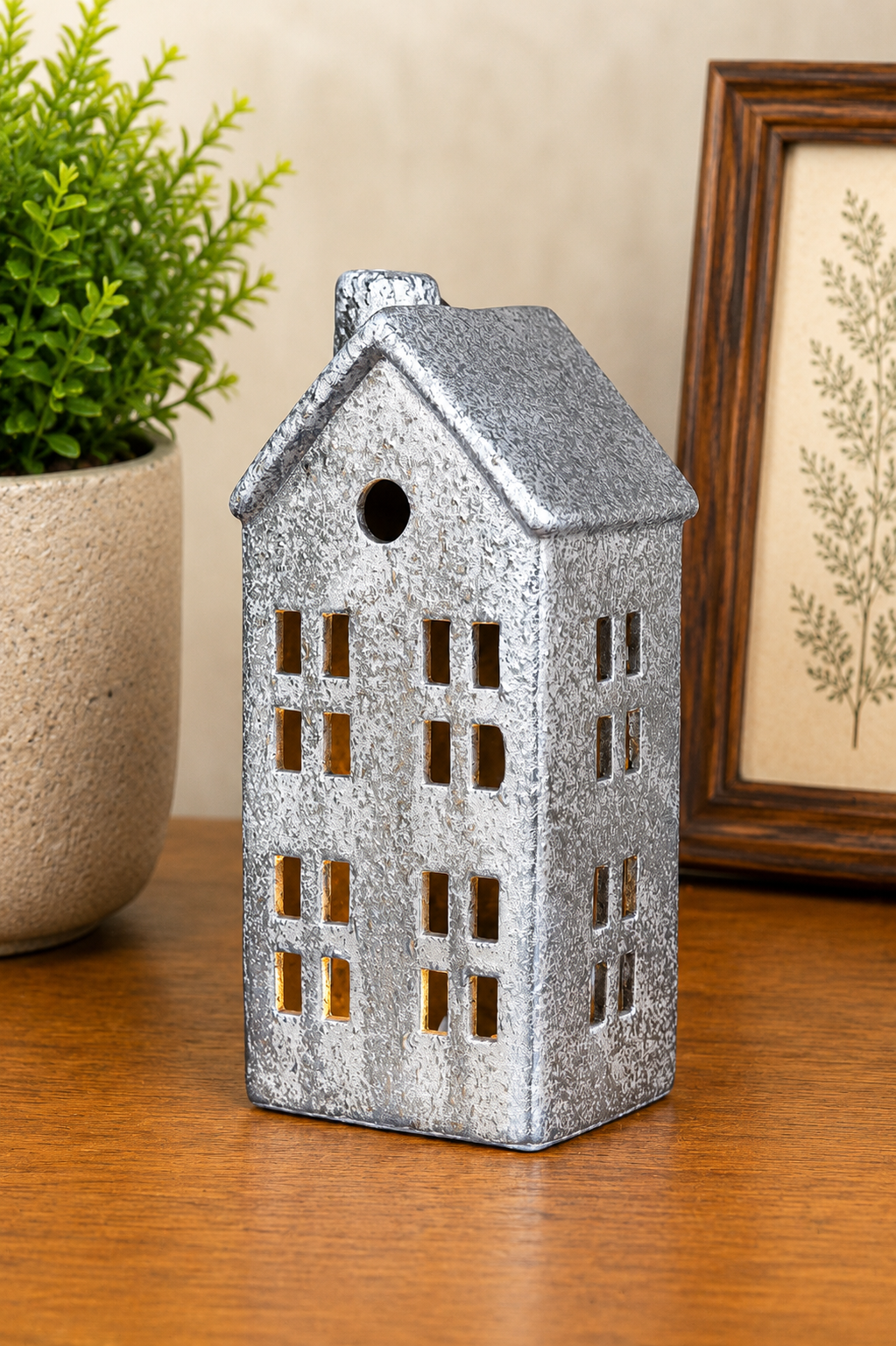 THD525 Ceramic Christmas House Lanterns with Light – Silver & Glossy White