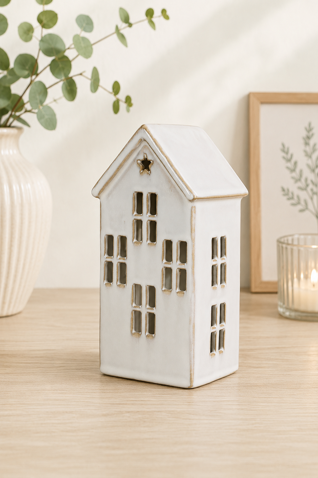 THD525 Ceramic Christmas House Lanterns with Light – Silver & Glossy White