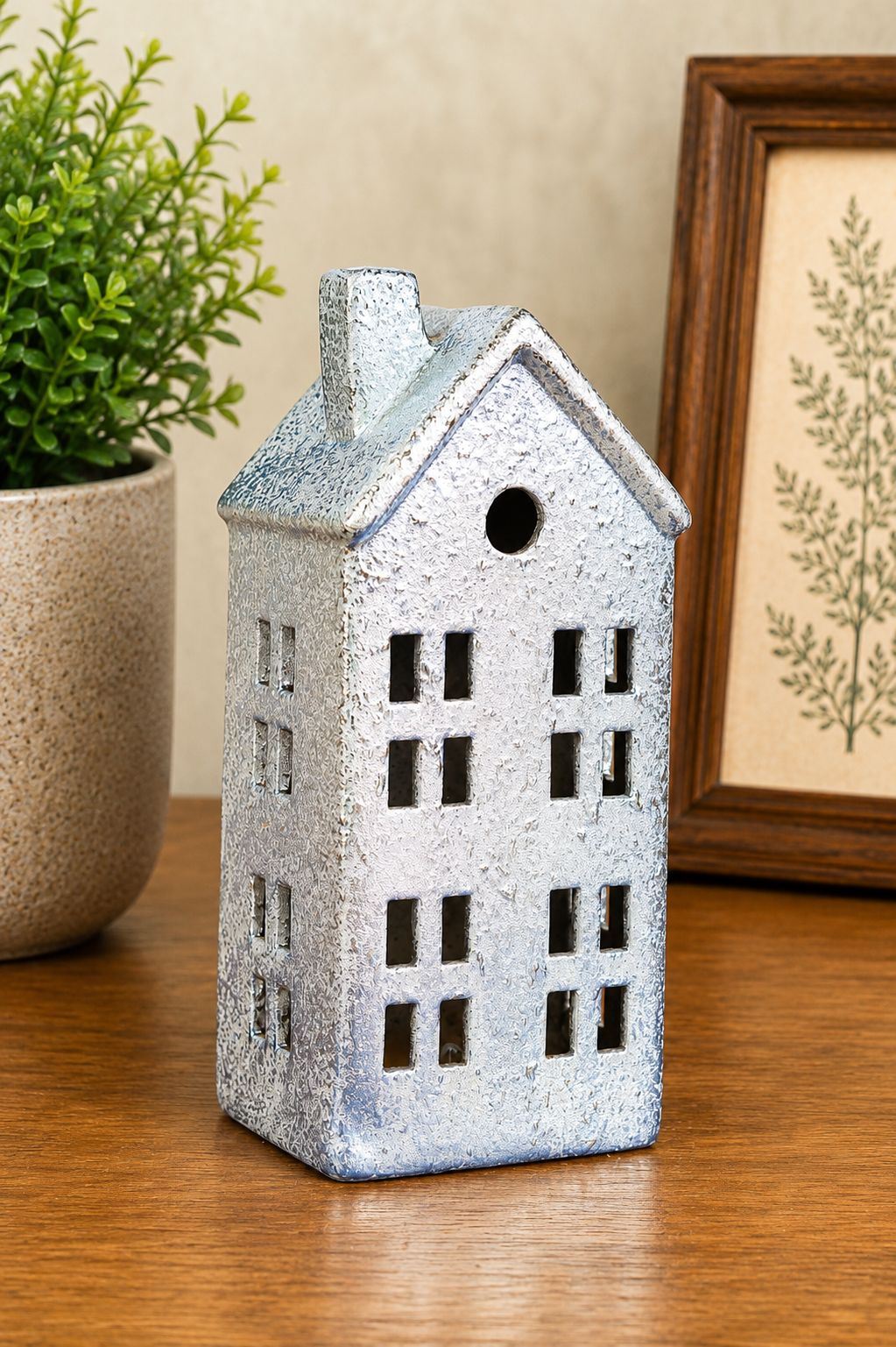 THD525 Ceramic Christmas House Lanterns with Light – Silver & Glossy White