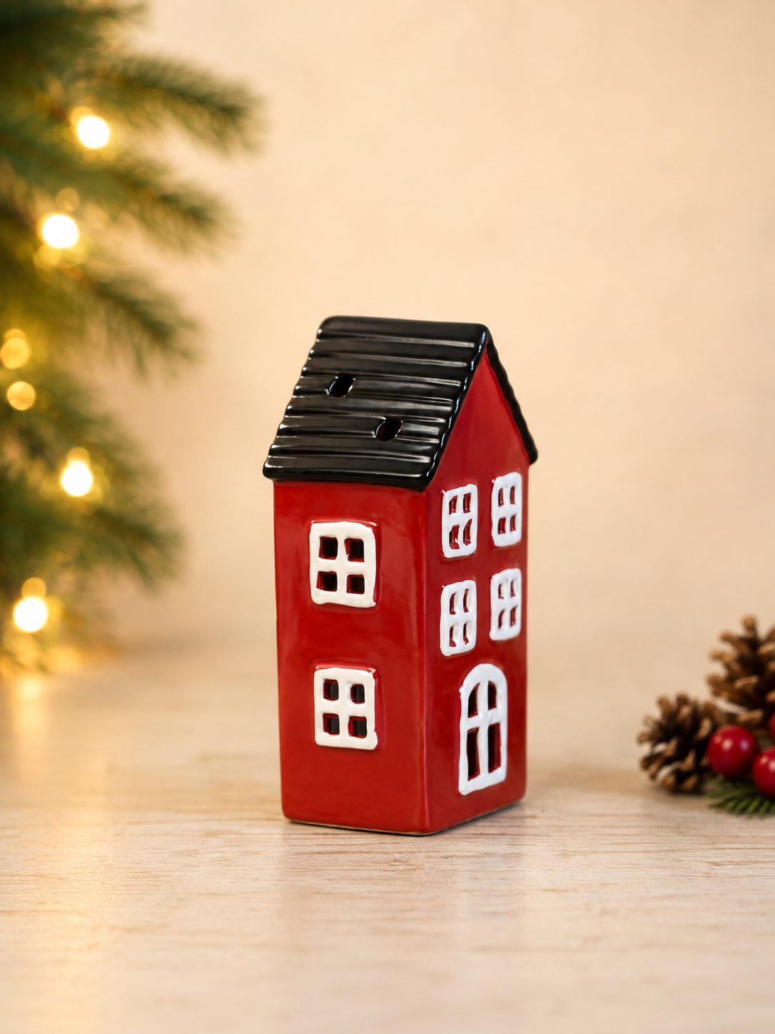 THD576a  Red & Black Ceramic House Tealight Holder