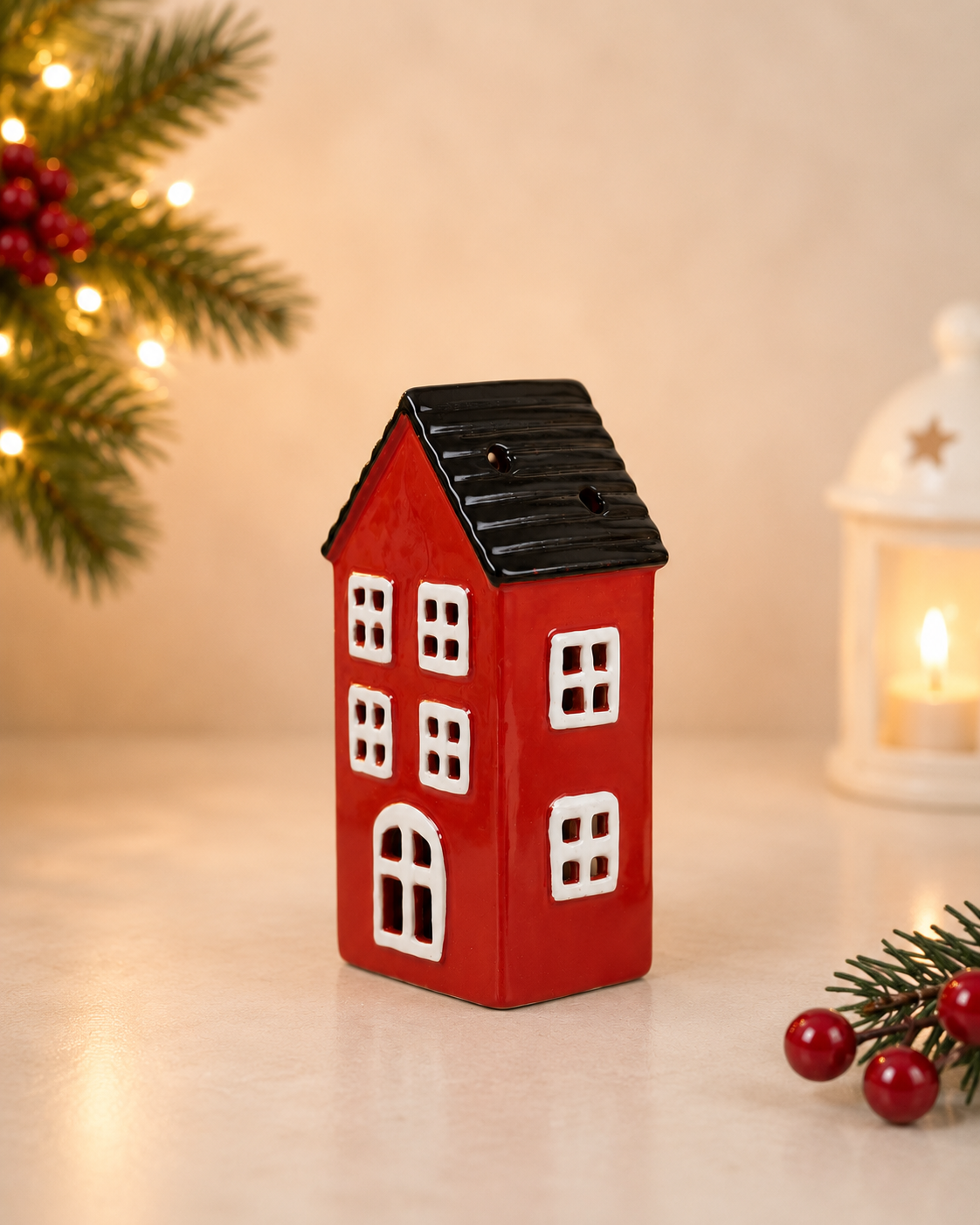 THD576a  Red & Black Ceramic House Tealight Holder