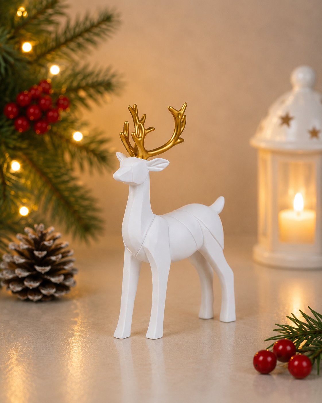 THD592 Matte White Reindeer Set with Gold Antlers